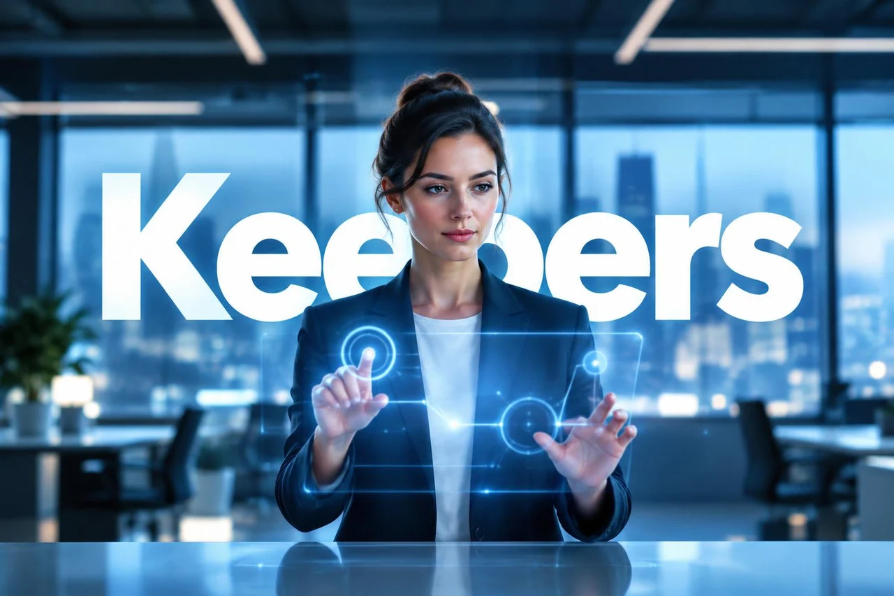 Imagem conceitual de uma profissional interagindo com tecnologia, com a marca Keepers ao fundo